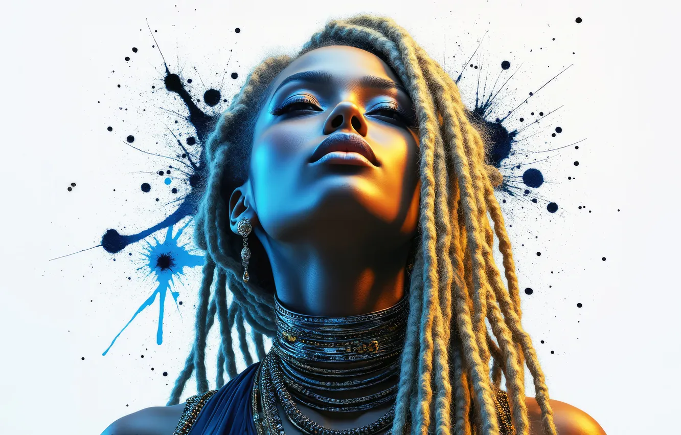 Photo wallpaper look, girl, face, paint, portrait, hairstyle, white background, braids