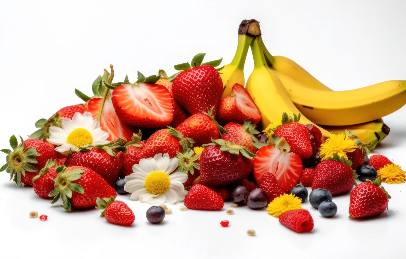 Photo wallpaper flowers, berries, chamomile, blueberries, strawberry, bananas, white background, placer