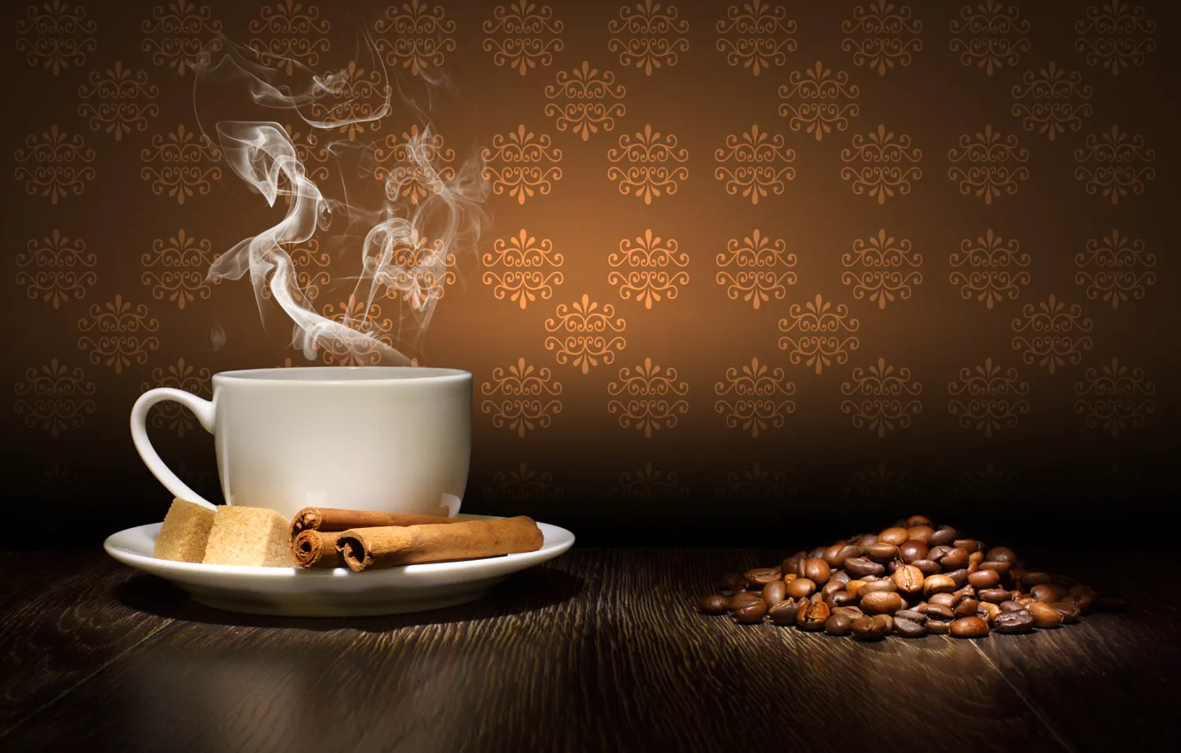 Photo wallpaper table, coffee, grain, couples, Cup, sugar, cinnamon, saucer