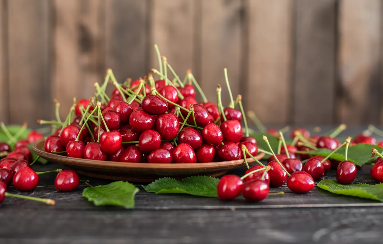 Photo wallpaper leaves, berries, background, bowl, cherry