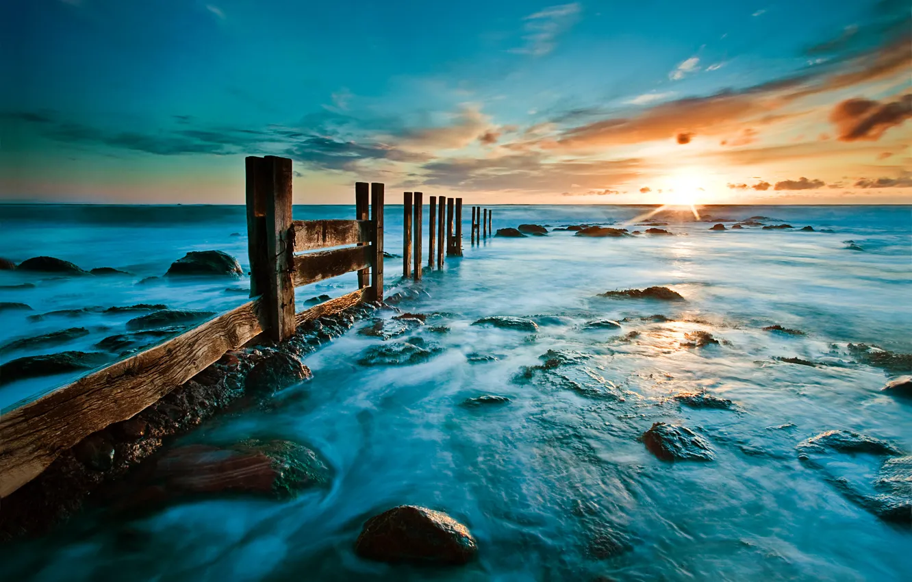 Photo wallpaper sea, beach, sunrise, stones