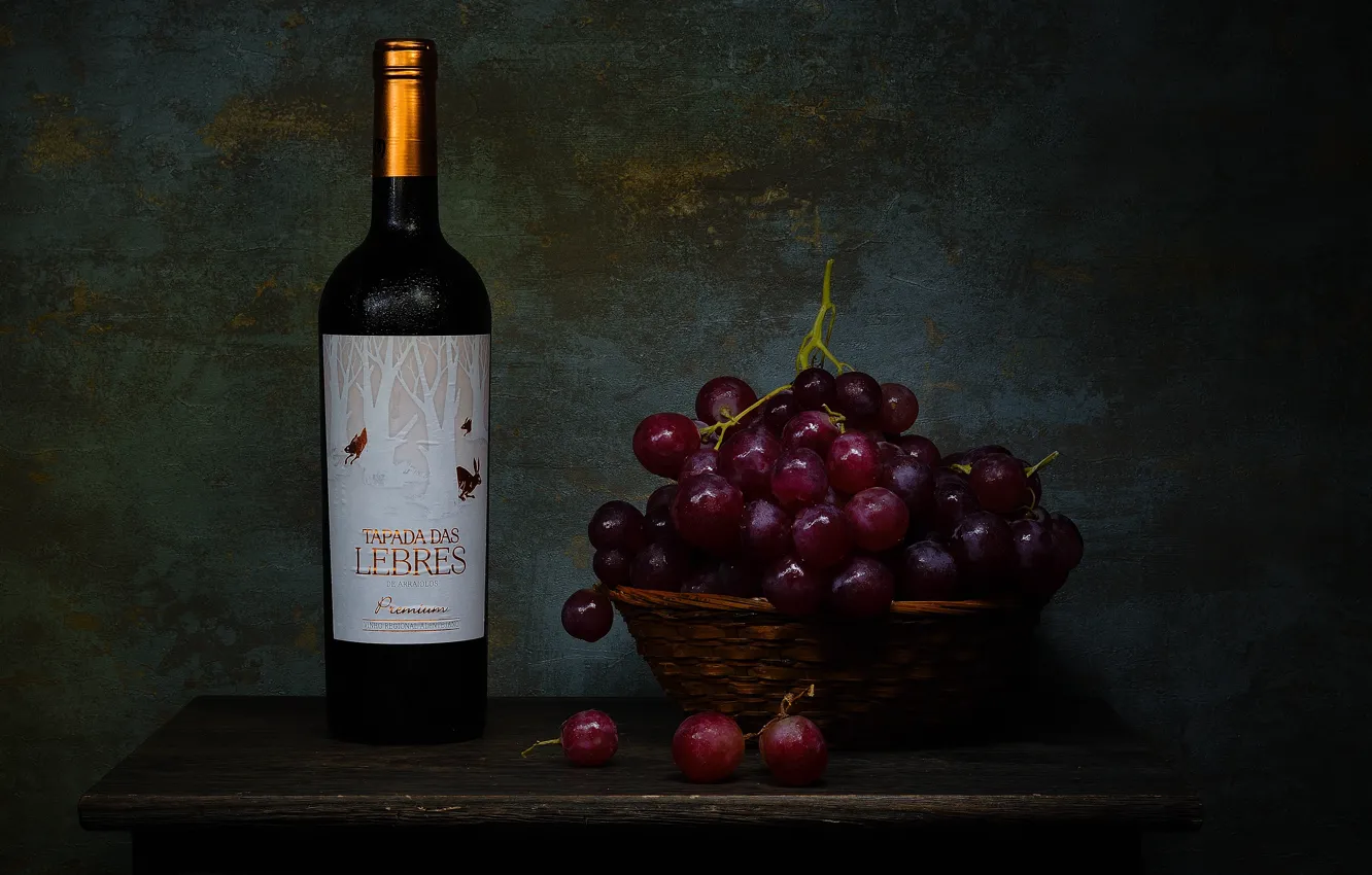 Photo wallpaper the dark background, table, wine, bottle, grapes, still life, network