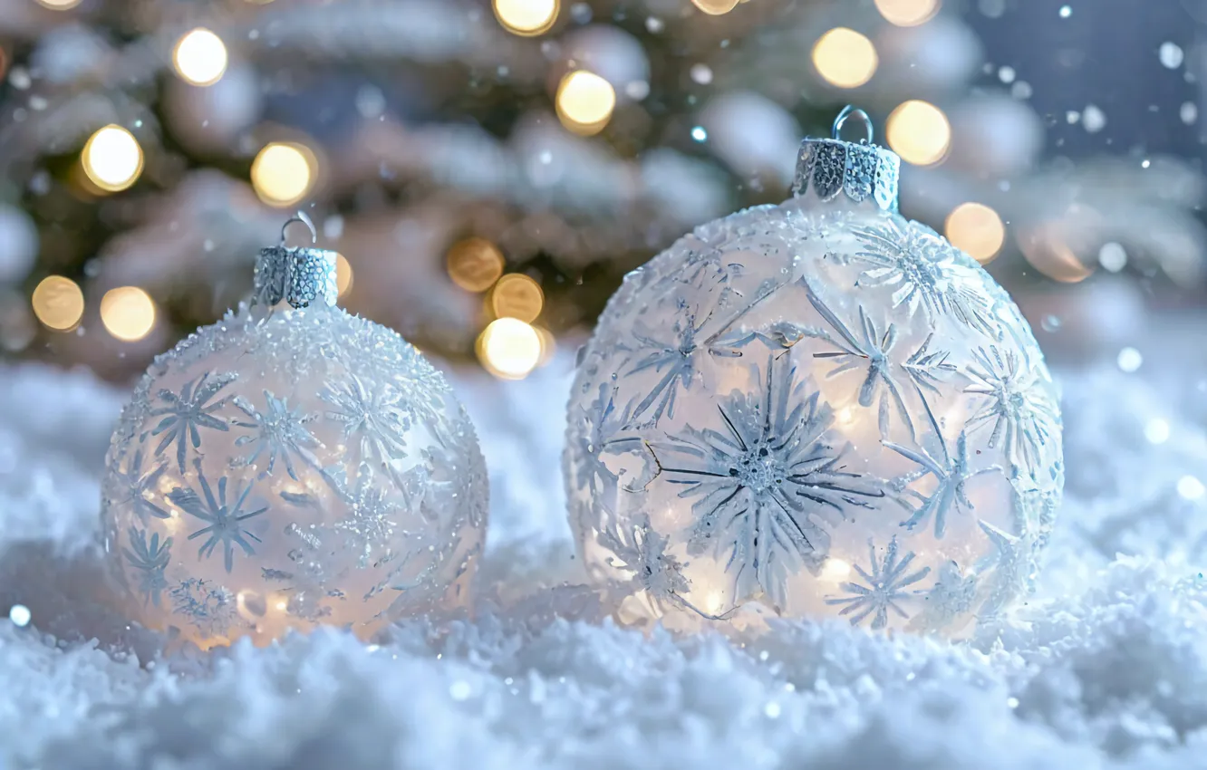 Photo wallpaper white, snow, snowflakes, blue, tree, new year, beautiful, Christmas decorations