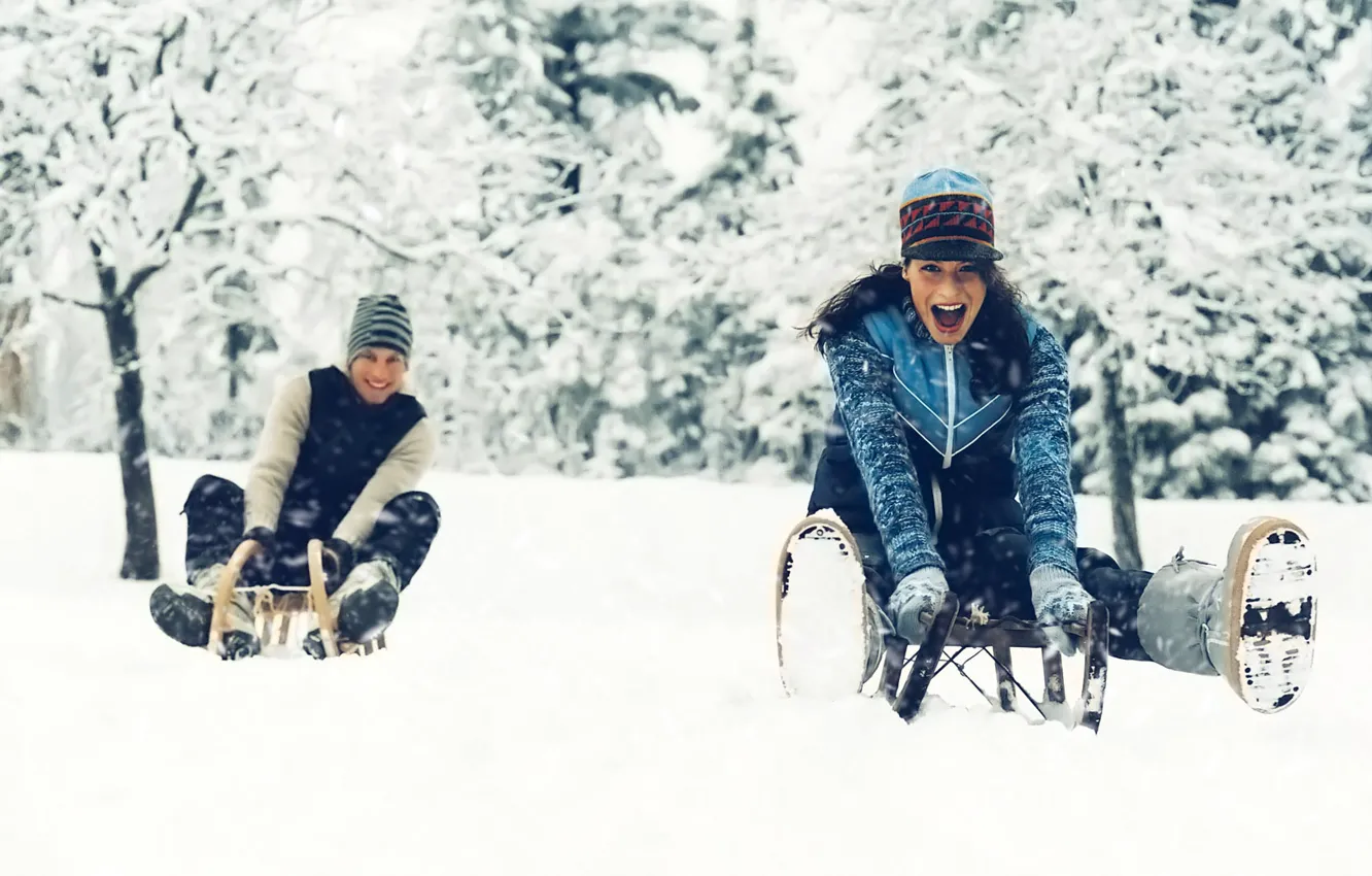 Photo wallpaper winter, girl, snow, joy, guy, sled, RUNNERS