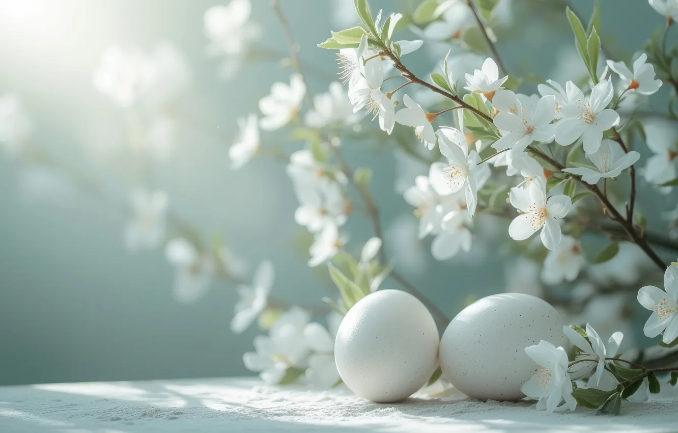 Photo wallpaper light, flowers, branches, cherry, table, holiday, eggs, bouquet