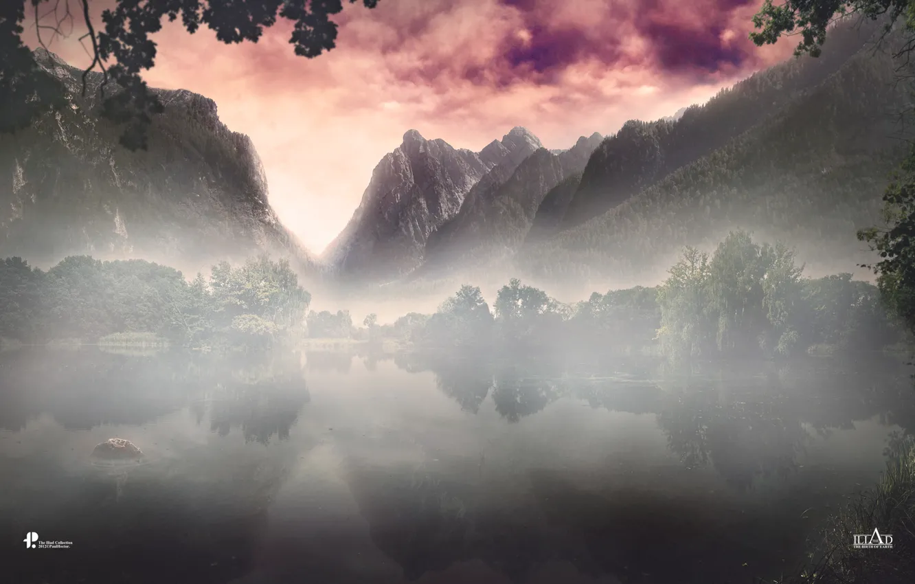 Photo wallpaper forest, trees, landscape, mountains, nature, fog, lake, Mother Nature