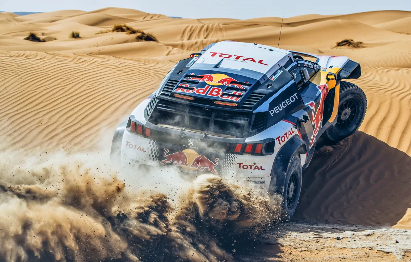 Photo wallpaper Sand, Auto, Sport, Machine, Speed, Peugeot, Red Bull, Rally