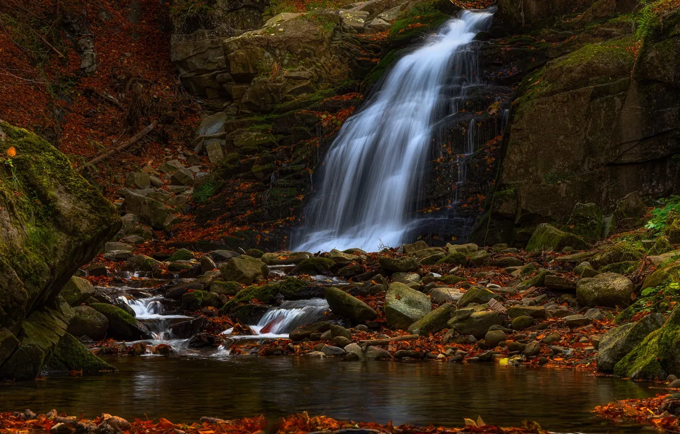 Photo wallpaper autumn, leaves, nature, stones, waterfall