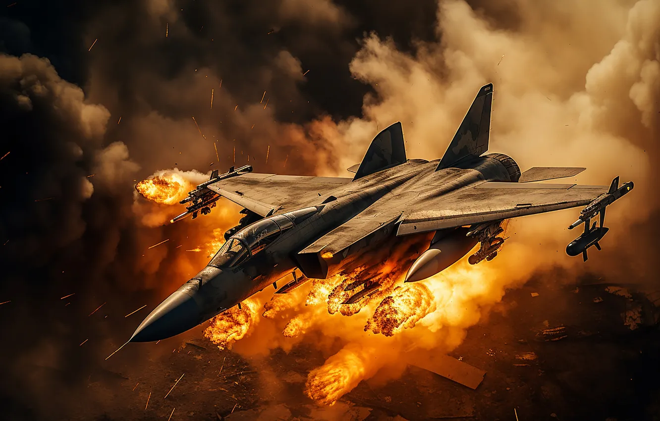 Photo wallpaper The plane, Smoke, Fire, Flight, Fighter, The explosion, Digital art, AI art