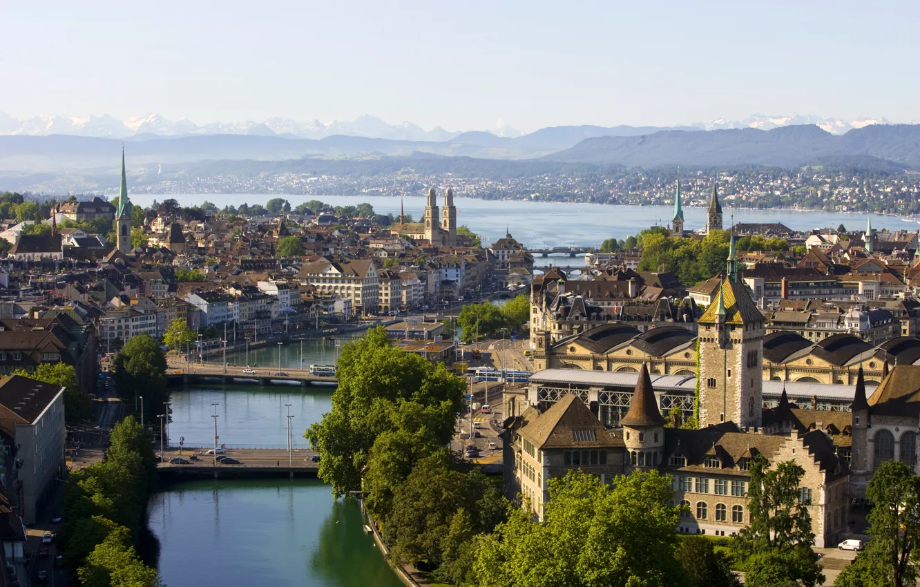 Photo wallpaper landscape, mountains, river, home, Switzerland, channel, bridges, Zurich