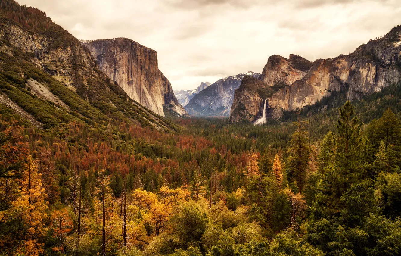 Photo wallpaper autumn, forest, clouds, trees, mountains, rocks, waterfall, valley