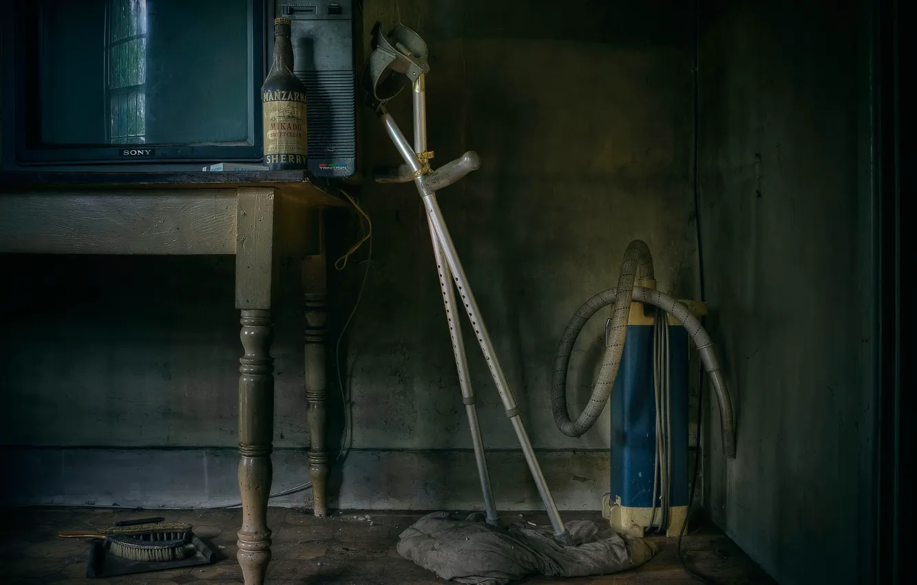 Photo wallpaper table, room, TV, brush, vacuum cleaner, crutches, scoop