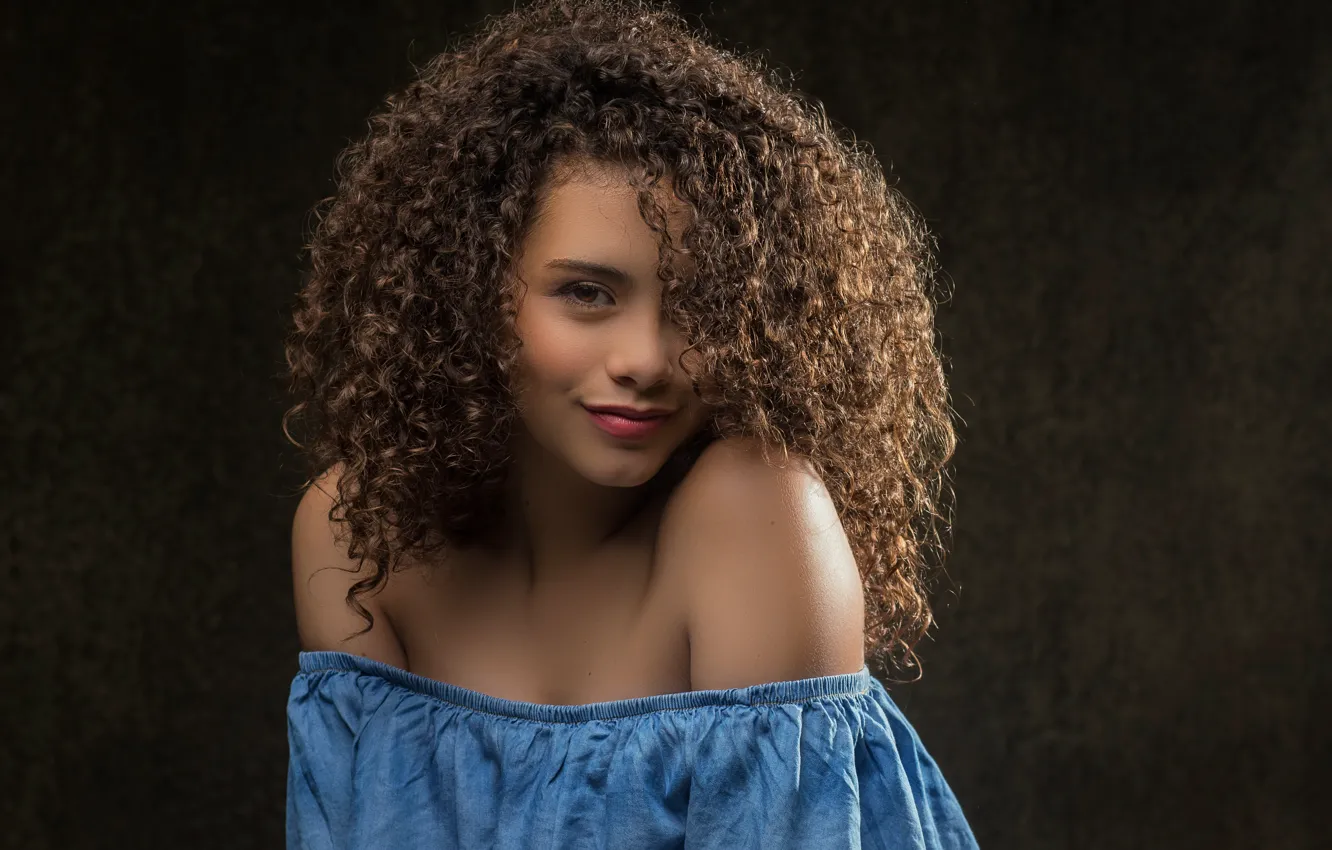 Photo wallpaper look, smile, the dark background, curly, Camila