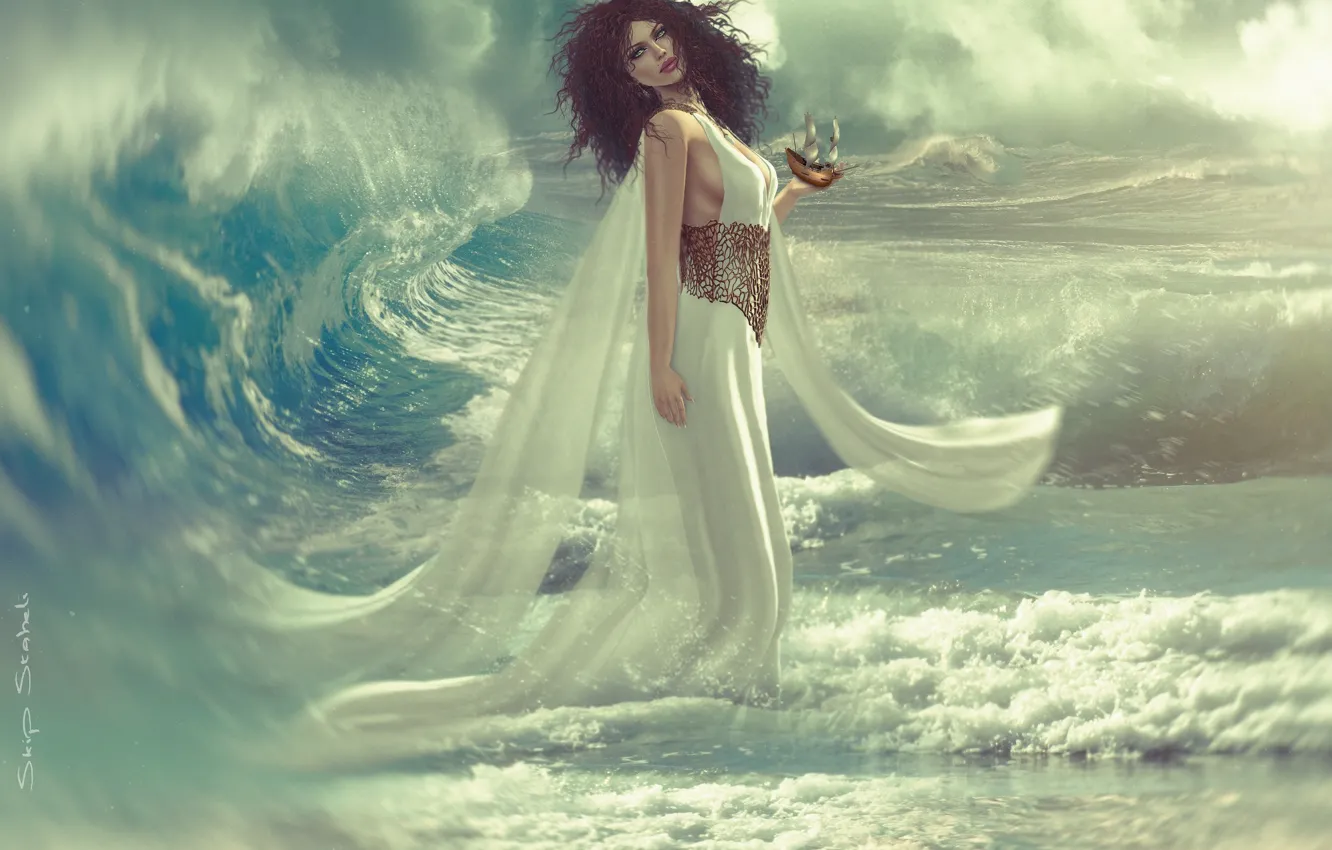Photo wallpaper girl, the ocean, wave, ship