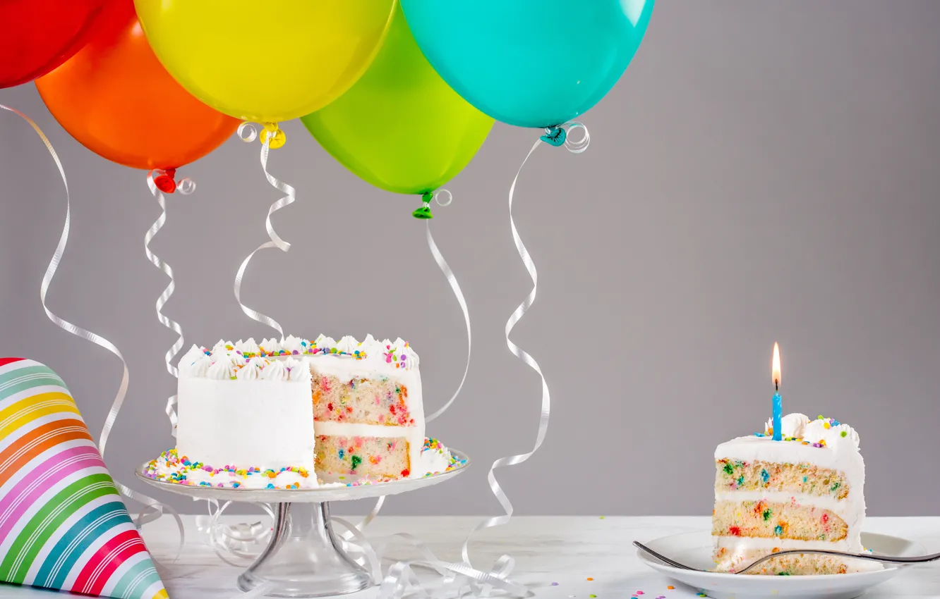 Photo wallpaper balloons, birthday, colorful, cake, cake, Happy Birthday, celebration, candles