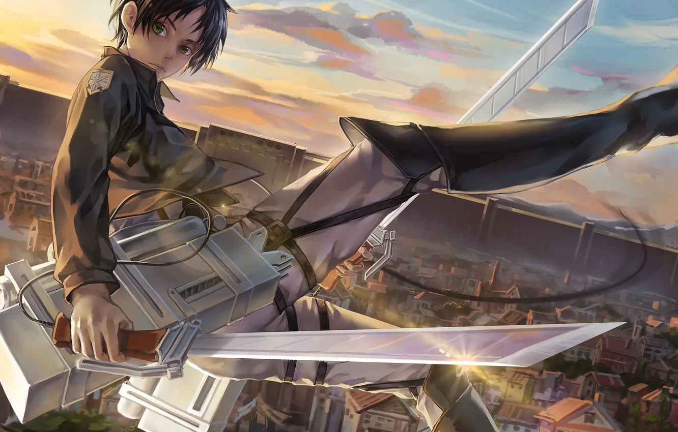 Photo wallpaper look, flight, the city, soldiers, guy, art, blade, Shingeki no Kyojin
