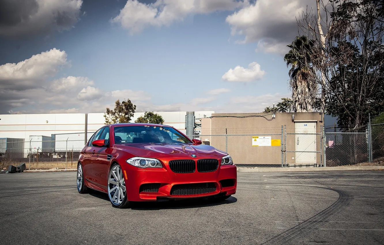Photo wallpaper asphalt, red, BMW, BMW, red, front view, F10, skid marks