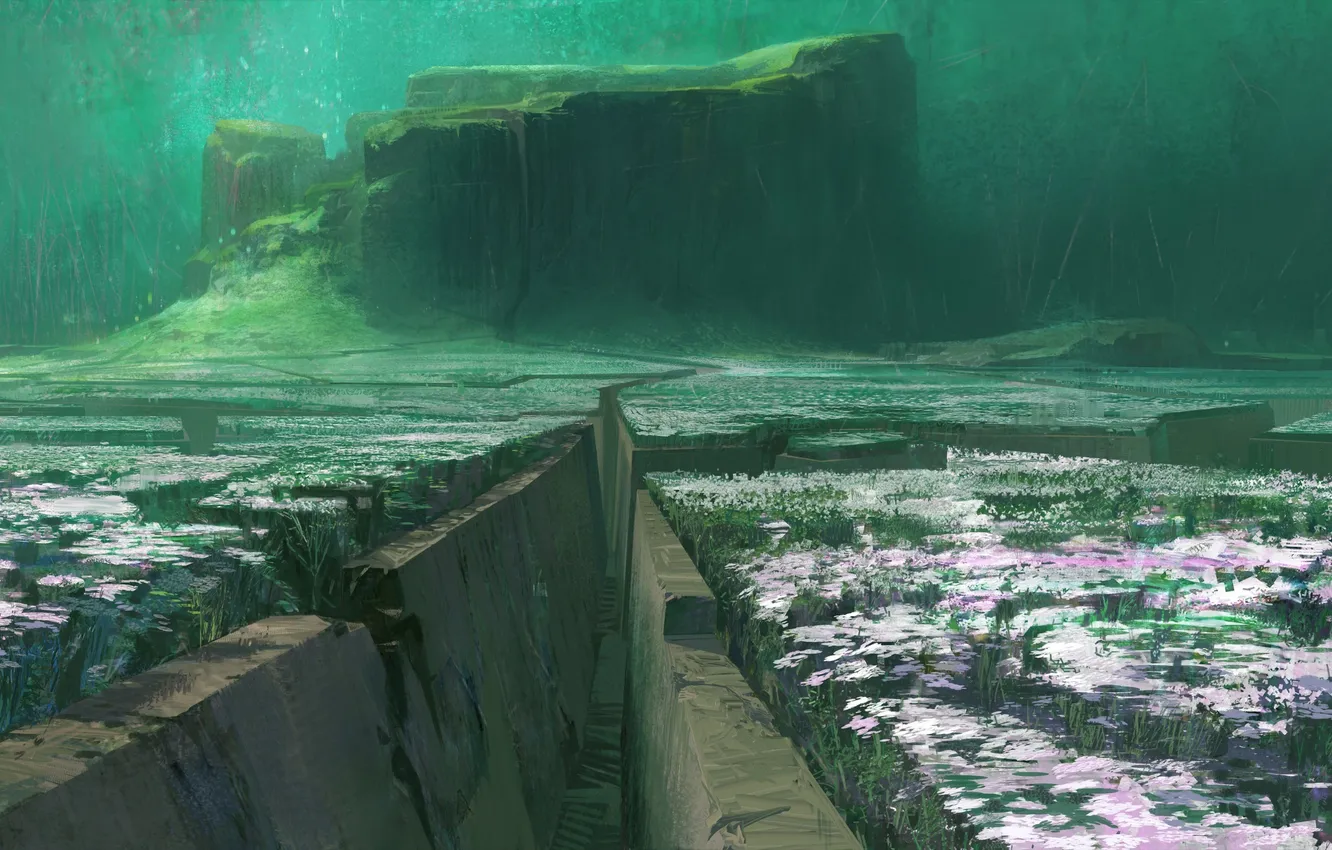 Photo wallpaper flowers, rocks, planet, abandonment, Concept Art, Destiny, trench