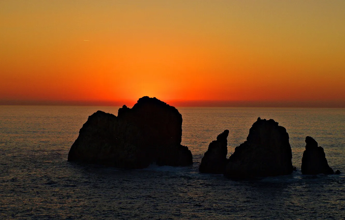 Photo wallpaper sea, the sky, sunset, rocks, the evening, horizon