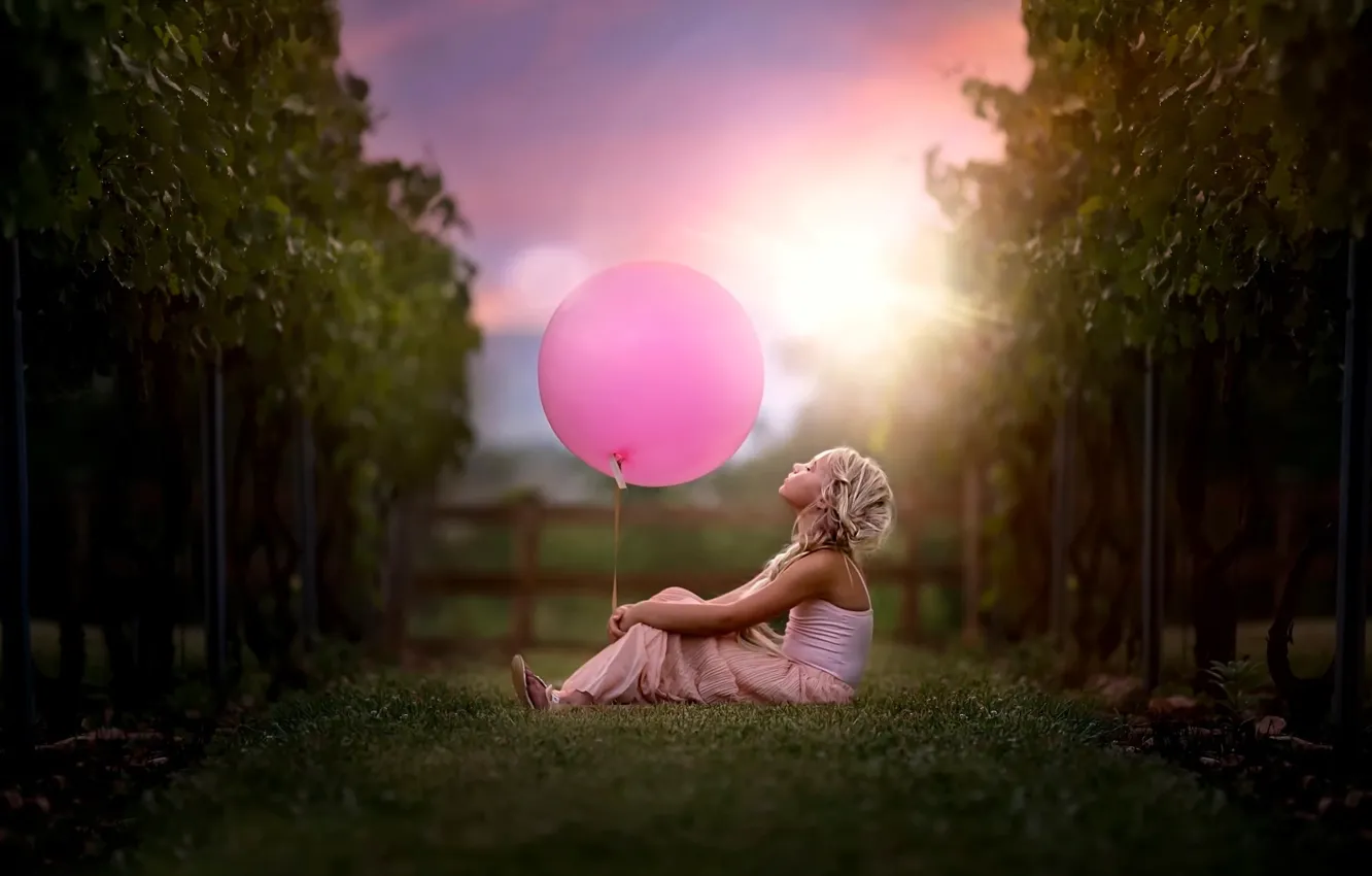 Photo wallpaper ball, girl, vine, child and vineyard
