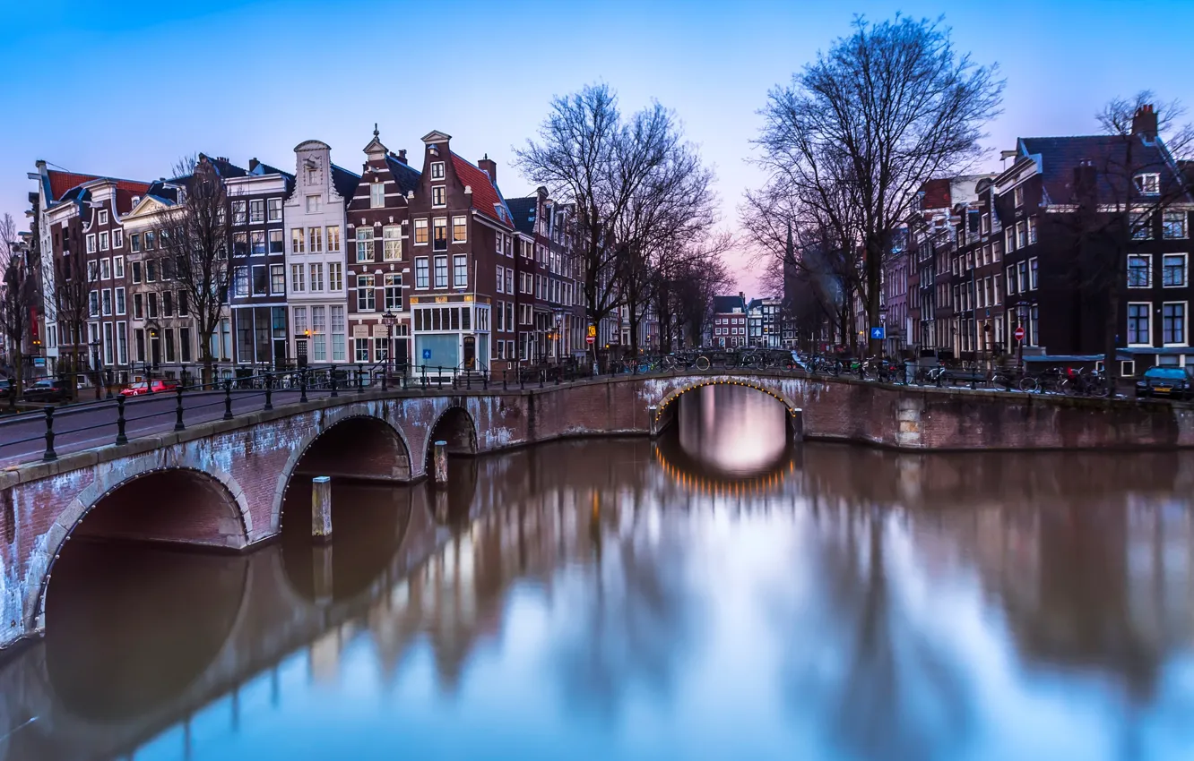 Photo wallpaper trees, landscape, bridge, life, river, branch, street, people