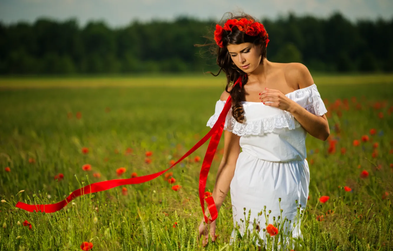 Photo wallpaper field, girl, flowers, nature, Maki