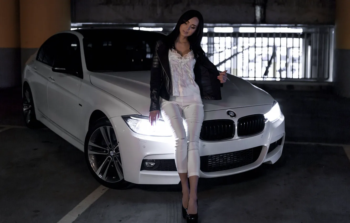 Photo wallpaper Girls, BMW, beautiful girl, Valeria, white car, posing on the car