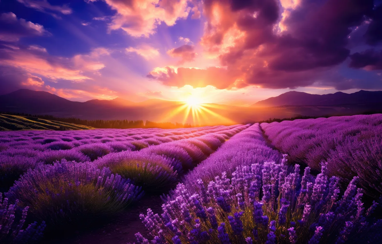 Photo wallpaper field, flowers, lavender, lavender field, AI art, neural network