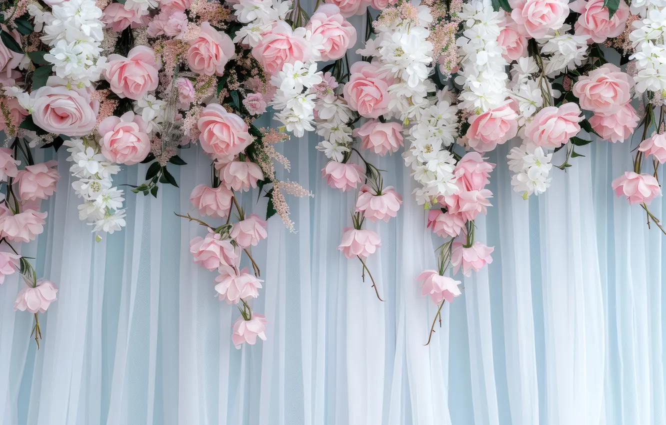 Photo wallpaper flowers, roses, bouquet, curtains, AI art, neural network