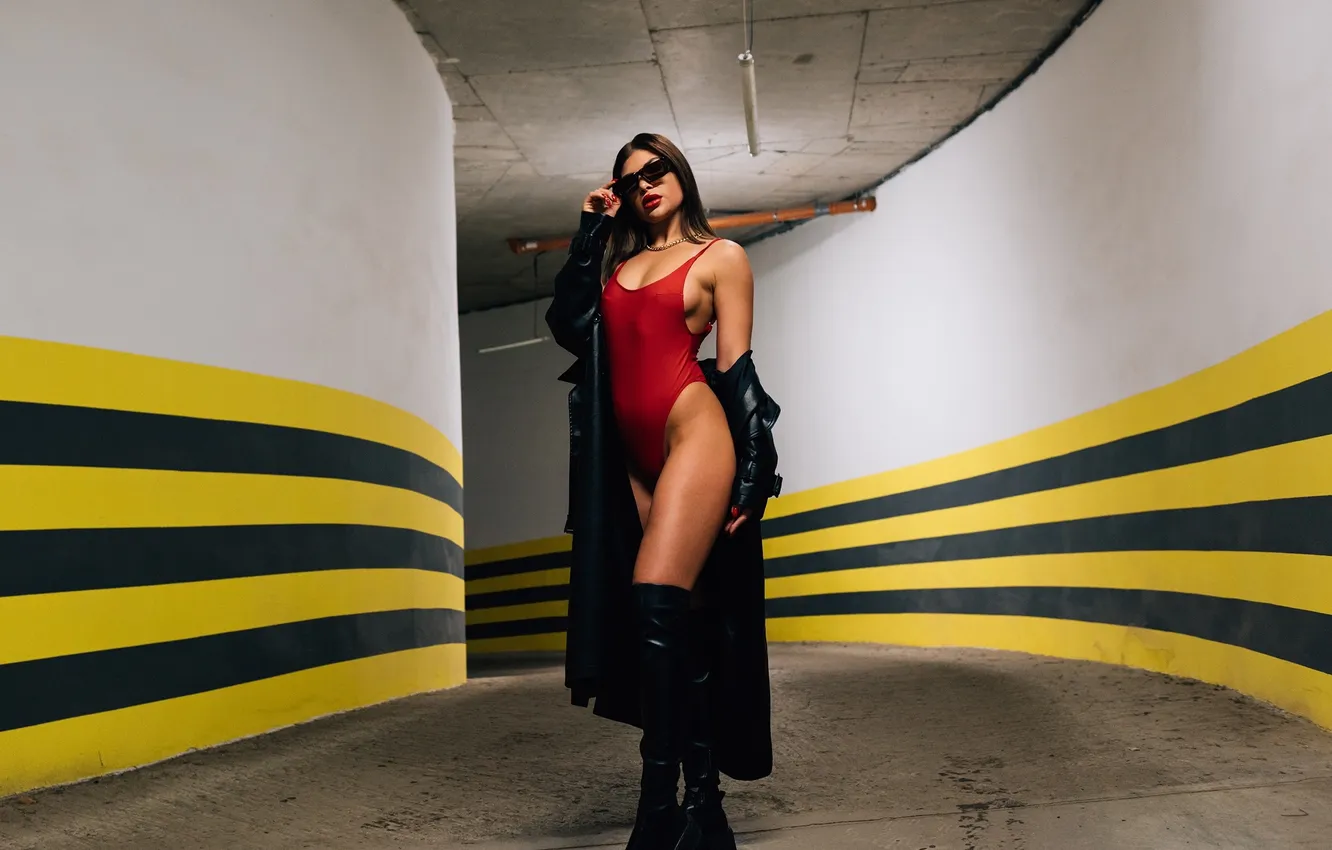 Photo wallpaper girl, pose, boots, figure, brunette, the tunnel, glasses, legs