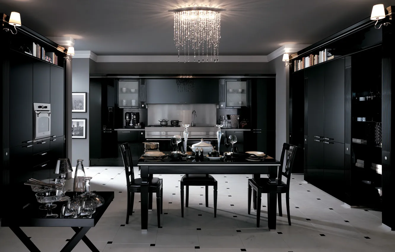 Photo wallpaper design, table, black, furniture, interior, chair, kitchen