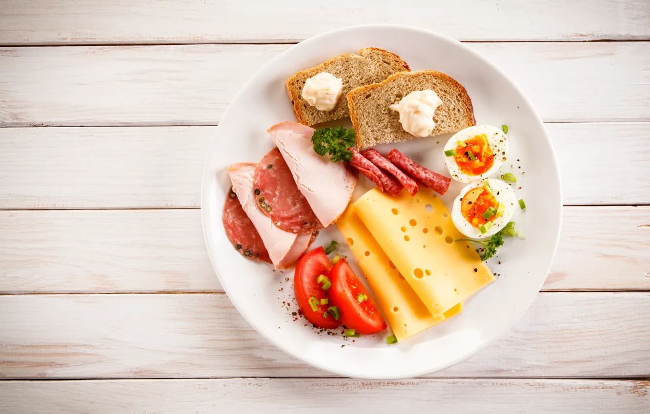 Photo wallpaper eggs, Breakfast, cheese, plate, bread, tomatoes, sausage, ham