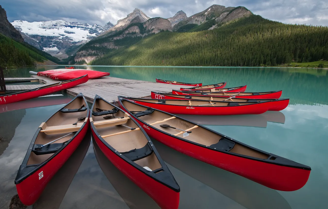 Photo wallpaper forest, mountains, boat, Canada, pond