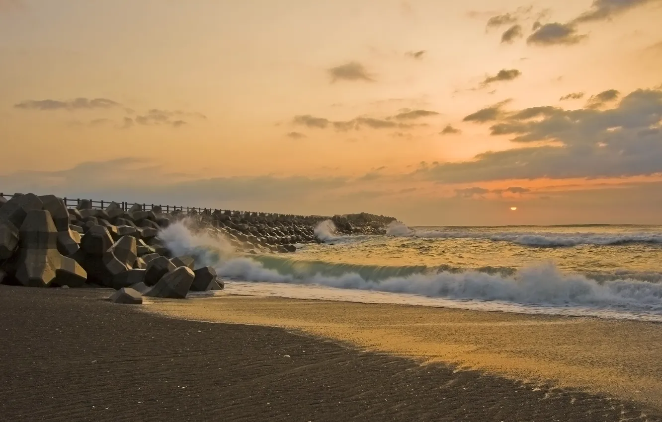 Photo wallpaper Sunset, The sun, Sand, Sea, Pier, Wave, Shore, Misawa