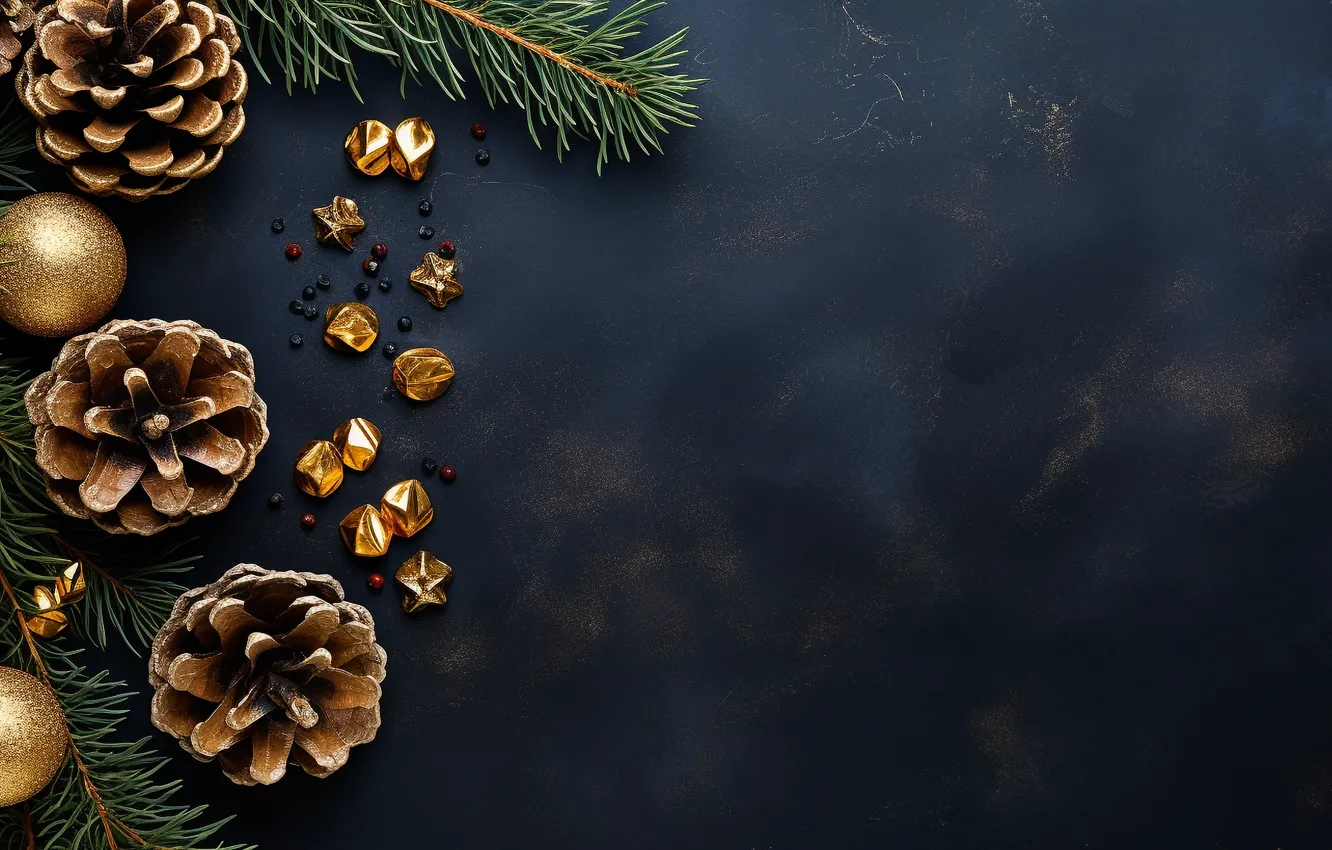 Photo wallpaper balls, branches, new year, Christmas, gold, gold plated, needles, bumps