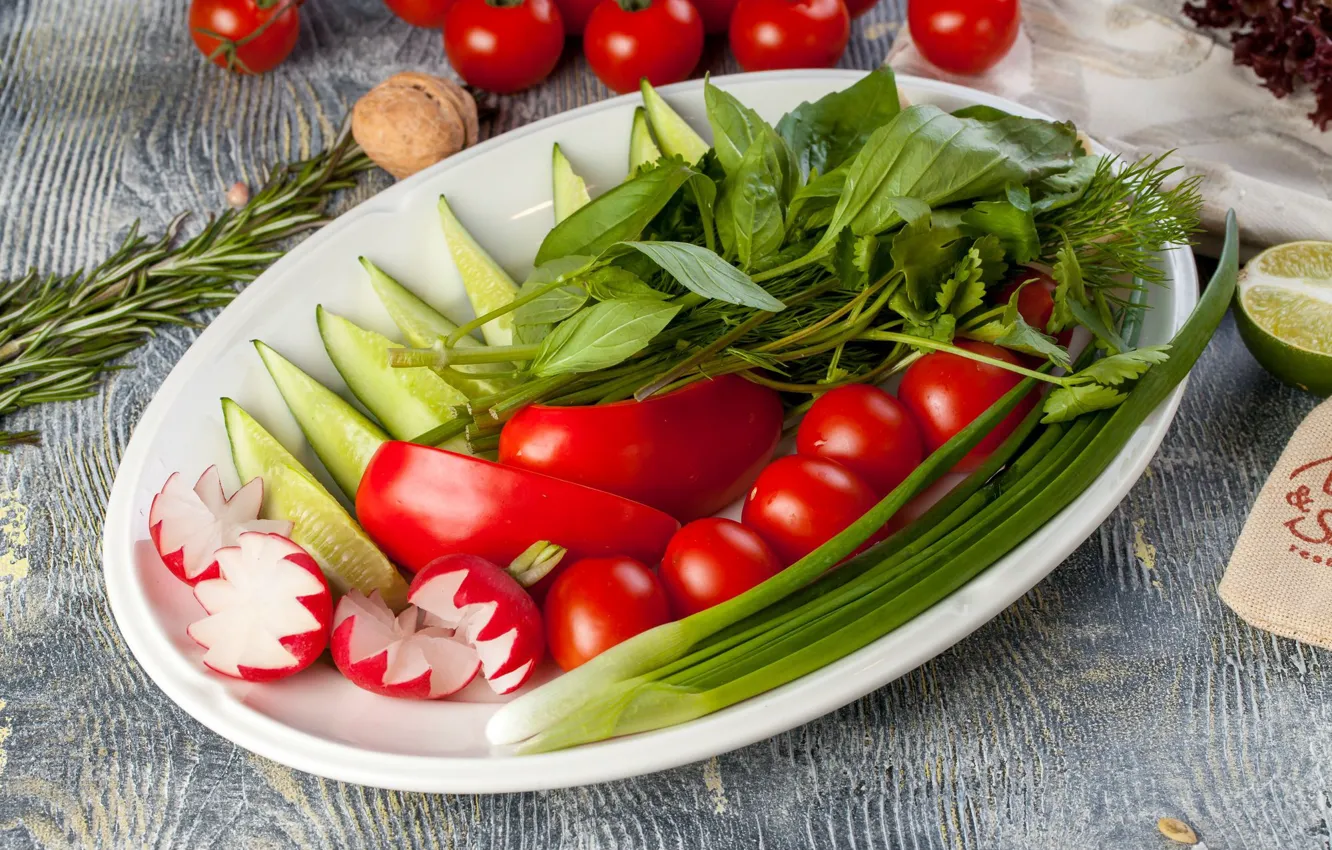 Photo wallpaper greens, bow, pepper, vegetables, tomatoes, cucumbers, rosemary, cuts