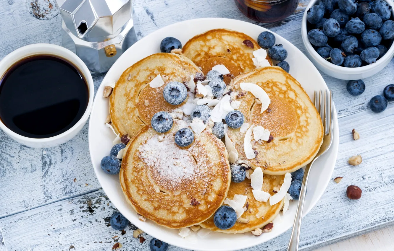 Photo wallpaper coffee, Breakfast, blueberries, pancakes, pancake