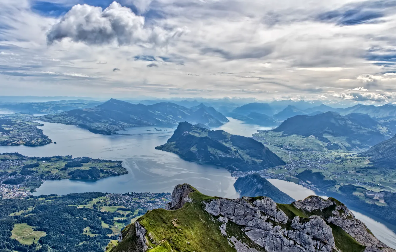 Photo wallpaper clouds, mountains, lake, Switzerland, Pilatus