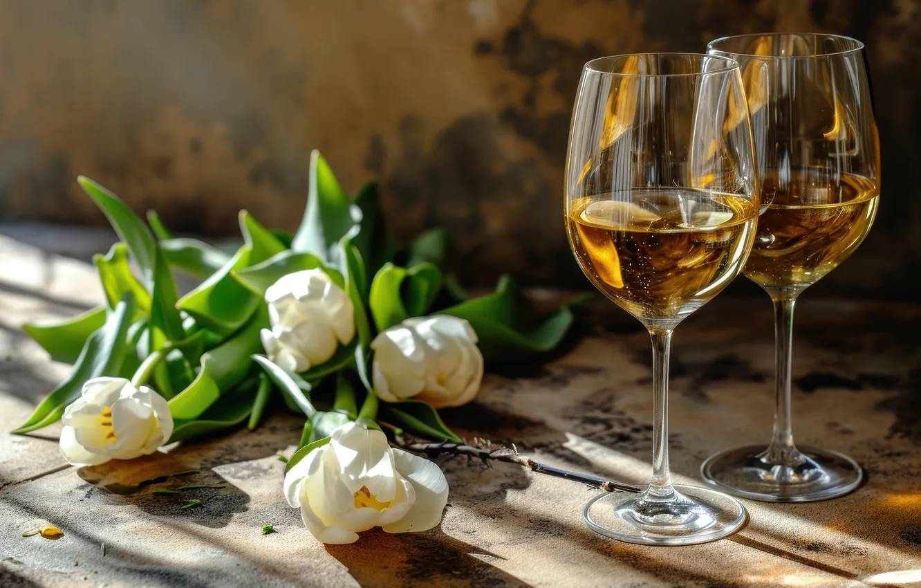Photo wallpaper light, flowers, holiday, gift, glass, bouquet, tulips, champagne