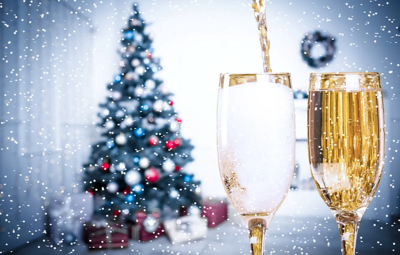 Photo wallpaper snow, Glasses, New Year, Tree, tree, glasses, Holidays, Champagne