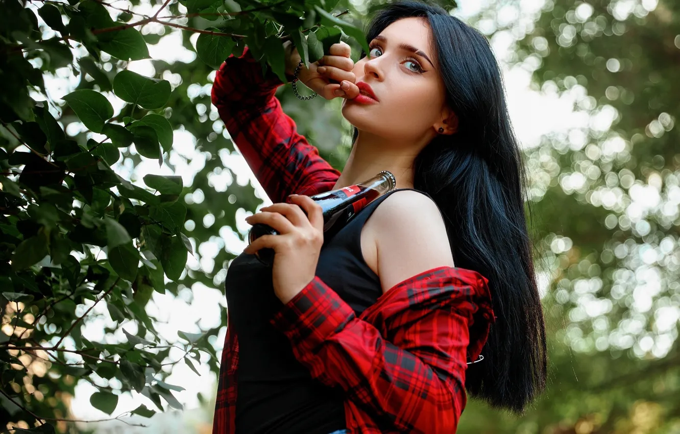Photo wallpaper girl, branches, pose, bottle, brunette, shirt, Anya, long hair