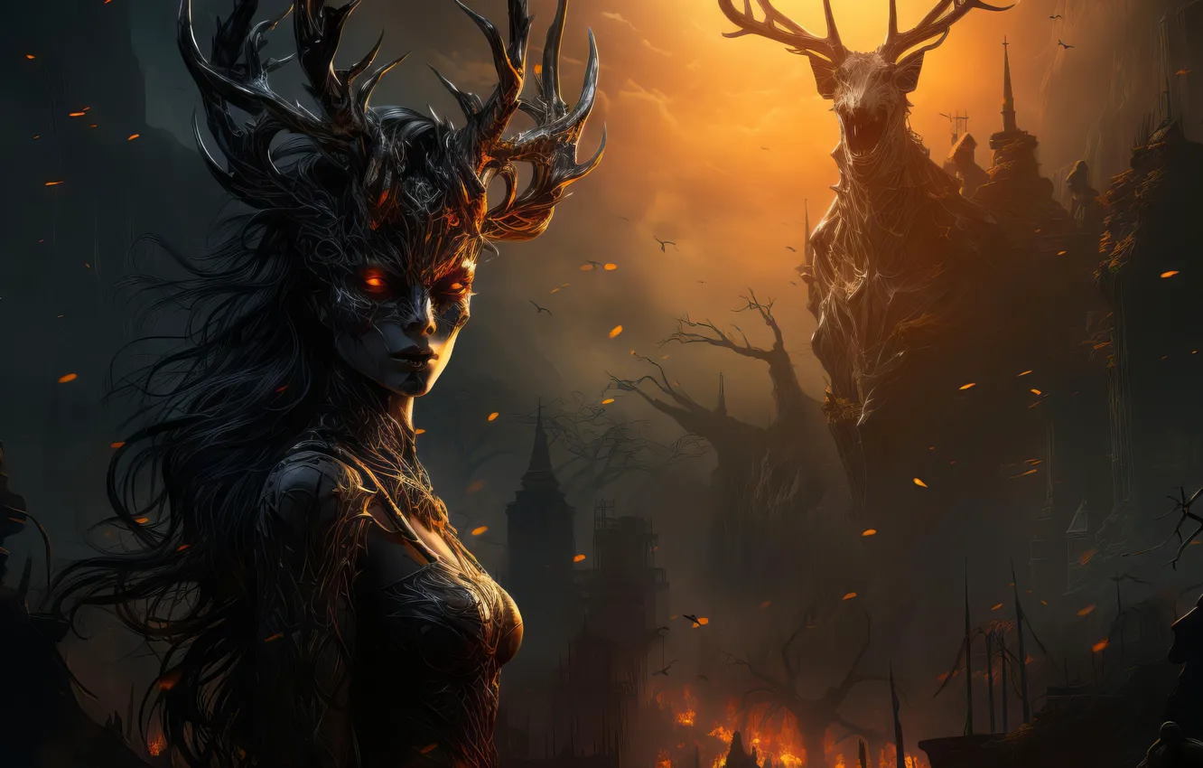 Photo wallpaper Gothic, the darkness, smoke, skull, horns, horror, digital art, digital art