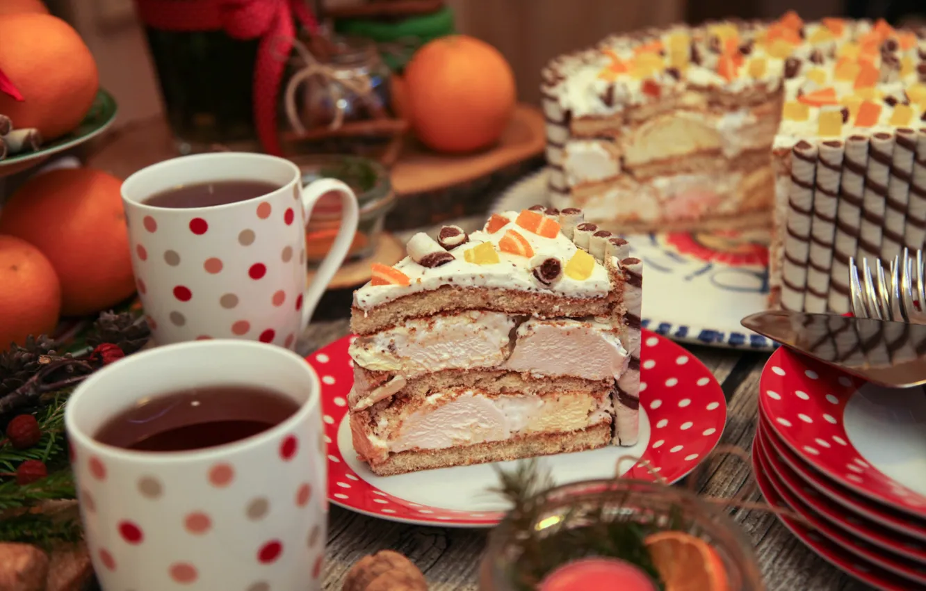 Photo wallpaper tea, Cup, cake, cream, candied