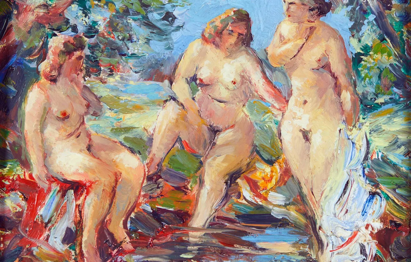 Photo wallpaper water, woman, picture, three, naked, Austrian artist, Bathers, Wilhelm Kaufmann