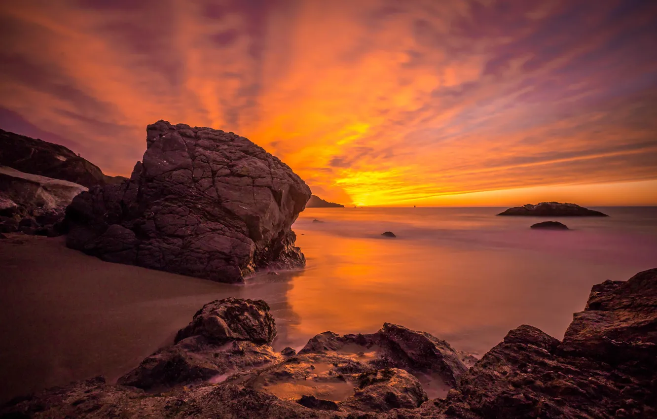 Photo wallpaper beach, sunset, rock, the ocean, shore