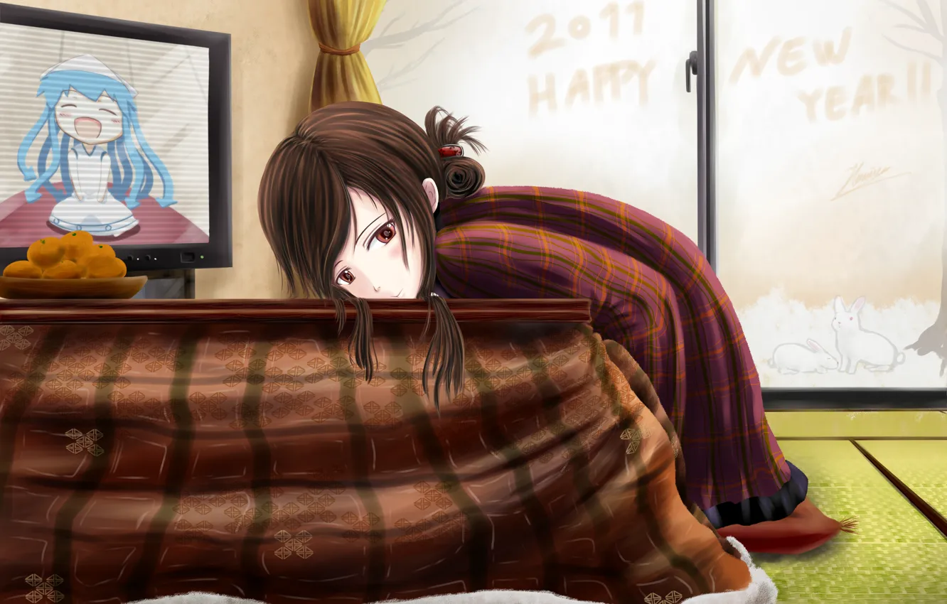 Photo wallpaper winter, girl, pose, table, TV, sitting, art, glass door