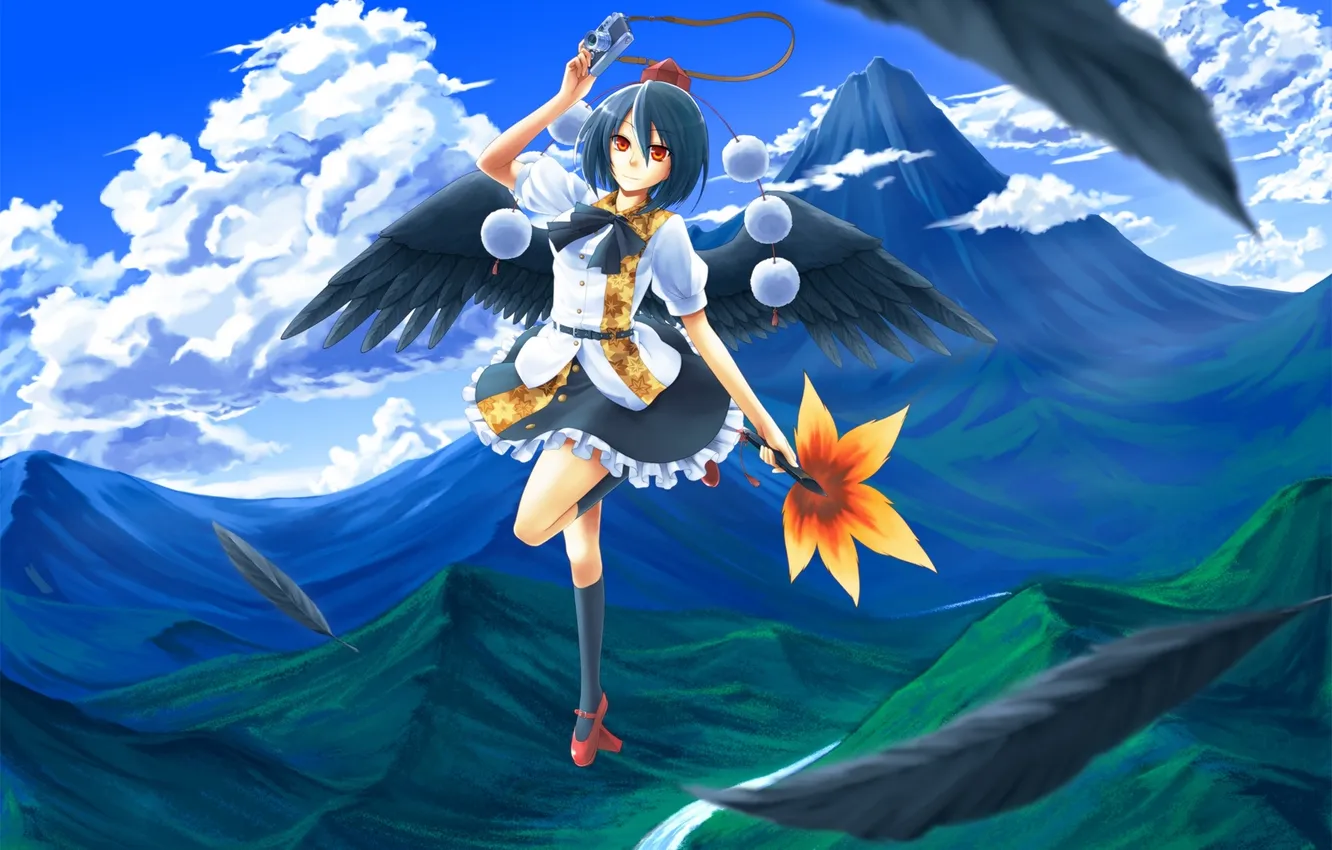 Photo wallpaper girl, clouds, mountains, nature, wings, anime, art, leaf