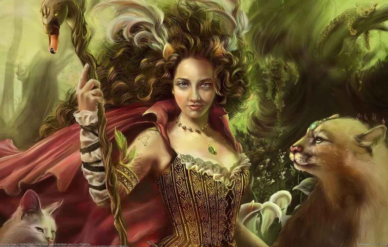 Photo wallpaper cat, girl, predator, feathers, tattoo, fantasy, art, staff