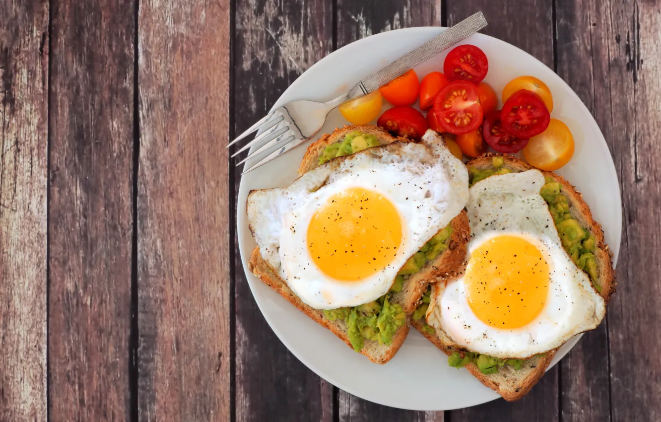 Photo wallpaper Breakfast, scrambled eggs, tomatoes, toast, breakfast