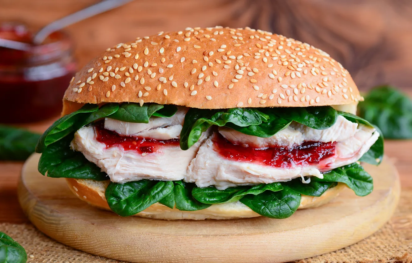 Photo wallpaper leaves, meat, sauce, hamburger, buns